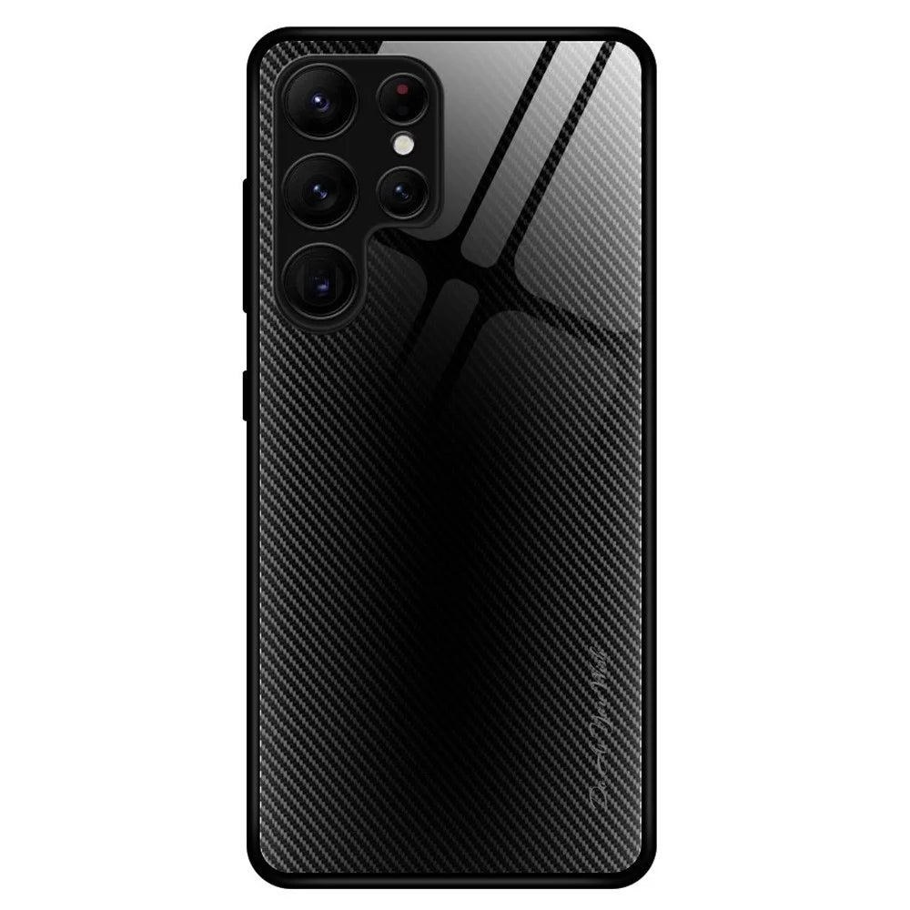 Tempered Glass+TPU Cell Phone Cover for Samsung Galaxy S23 Ultra, Carbon Fiber Texture Anti-Drop Phone Case - Black - 1