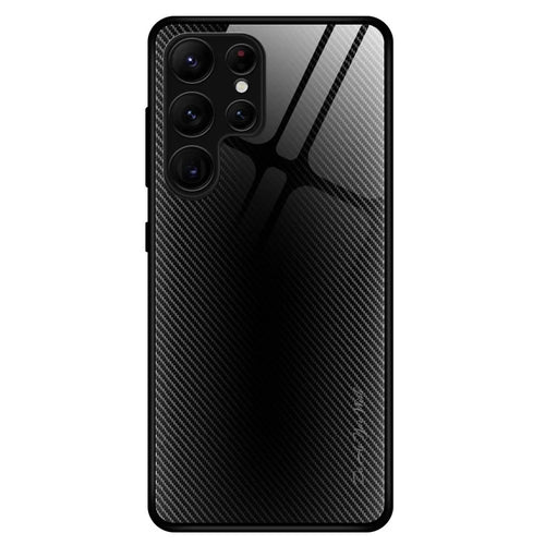 Tempered Glass+TPU Cell Phone Cover for Samsung Galaxy S23 Ultra, Carbon Fiber Texture Anti-Drop Phone Case - Black - 1