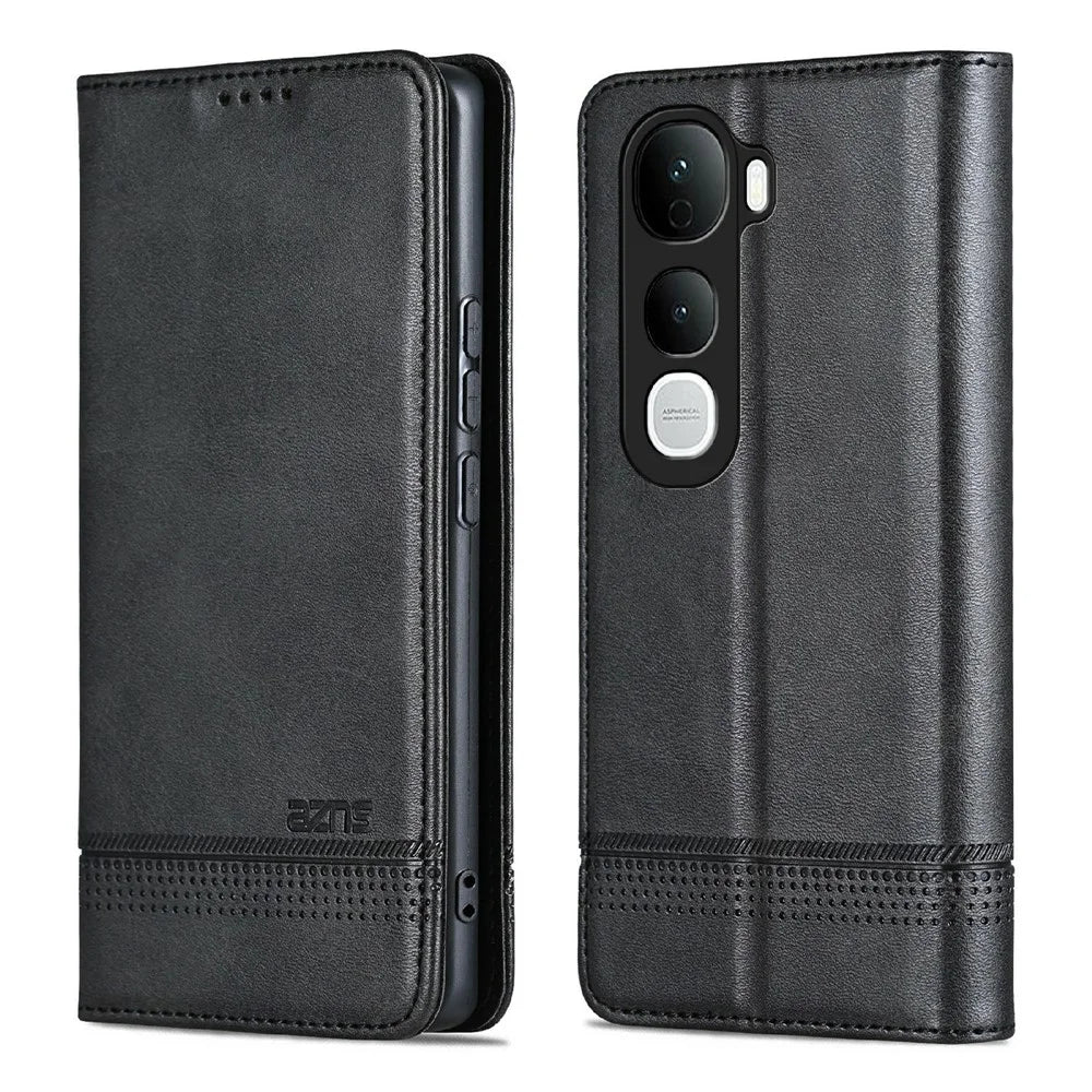 AZNS For vivo Y400 Pro 5G Case Cowhide Texture PU Leather Wallet Phone Cover - Black - 1