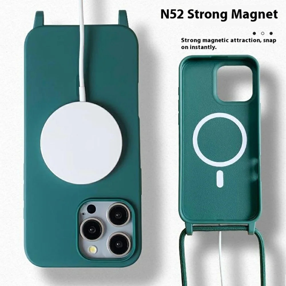 For iPhone 16 Pro Magnetic Case Compatible with MagSafe Soft TPU Phone Cover with Lanyard - Dark Red - 2