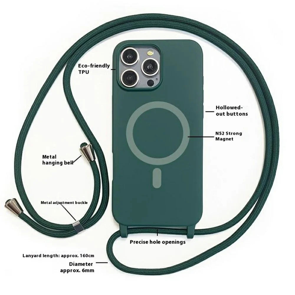For iPhone 16 Pro Magnetic Case Compatible with MagSafe Soft TPU Phone Cover with Lanyard - Dark Red - 3