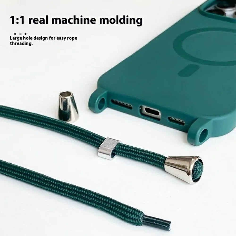 For iPhone 16 Pro Magnetic Case Compatible with MagSafe Soft TPU Phone Cover with Lanyard - Dark Red - 4