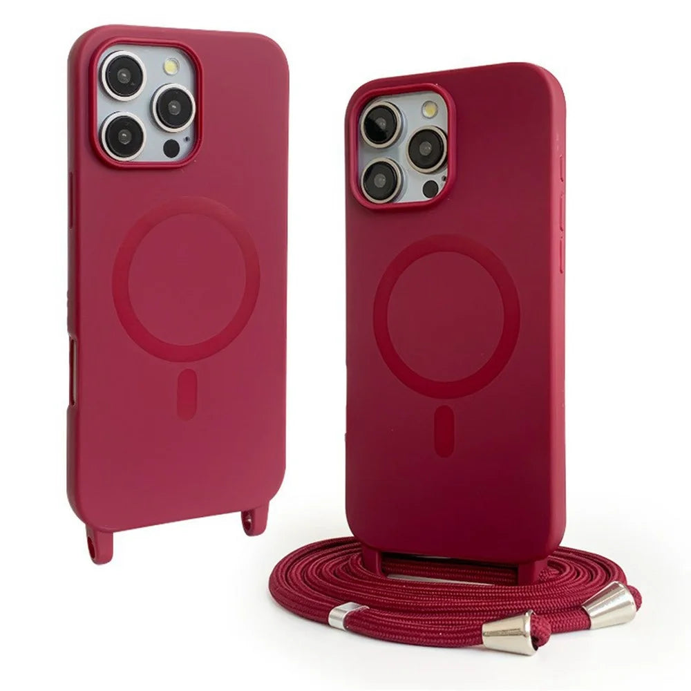 For iPhone 16 Pro Max Magnetic Case Compatible with MagSafe Soft TPU Phone Cover with Lanyard - Dark Red - 1