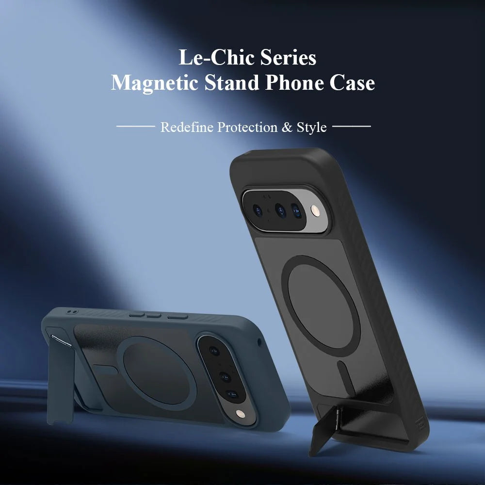 LEREACH Le-Chic Series For Google Pixel 10 Pro XL / 9 Pro XL Magnetic Case Kickstand TPU + PC Phone Cover - Black - 7