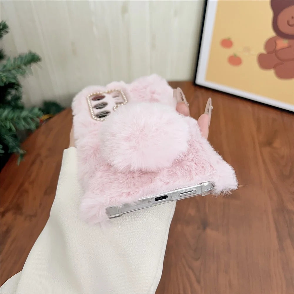 For Samsung Galaxy S26 Ultra Case Plush Cute Bunny Winter Fluffy TPU Phone Cover - White - 4