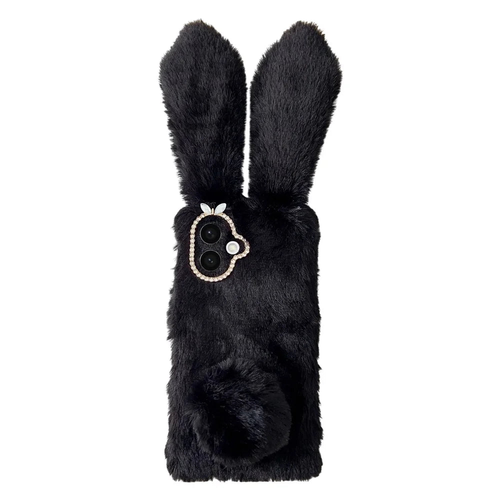 For Samsung Galaxy S26 Case Plush Cute Bunny Winter Fluffy TPU Phone Cover - Black - 1