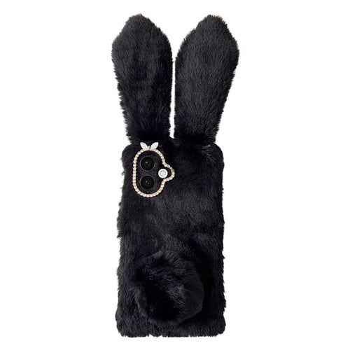 For Samsung Galaxy S26 Case Plush Cute Bunny Winter Fluffy TPU Phone Cover - Black - 1