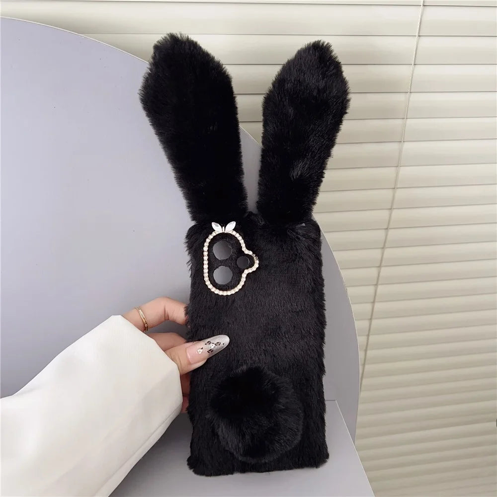 For Samsung Galaxy S26 Case Plush Cute Bunny Winter Fluffy TPU Phone Cover - Black - 2