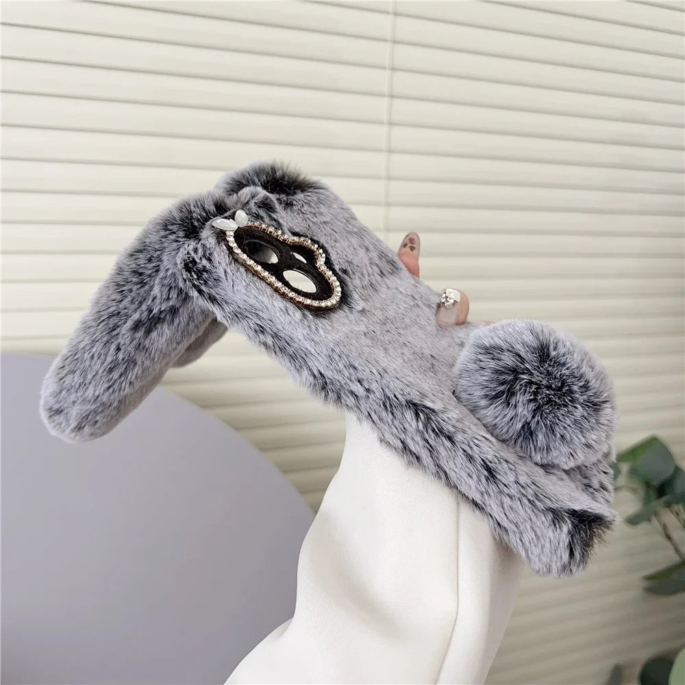 For Samsung Galaxy S26 Case Plush Cute Bunny Winter Fluffy TPU Phone Cover - Black - 3