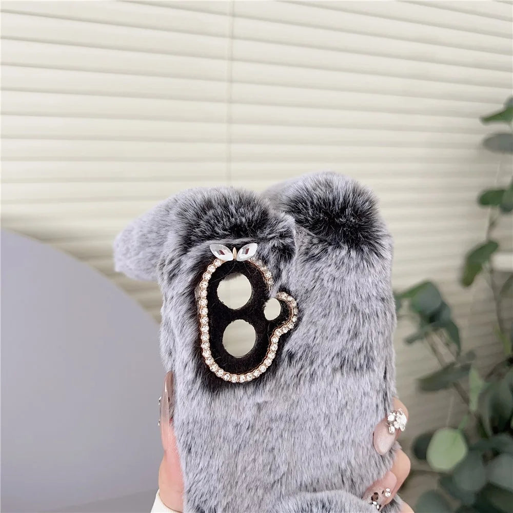 For Samsung Galaxy S26 Case Plush Cute Bunny Winter Fluffy TPU Phone Cover - Black - 5