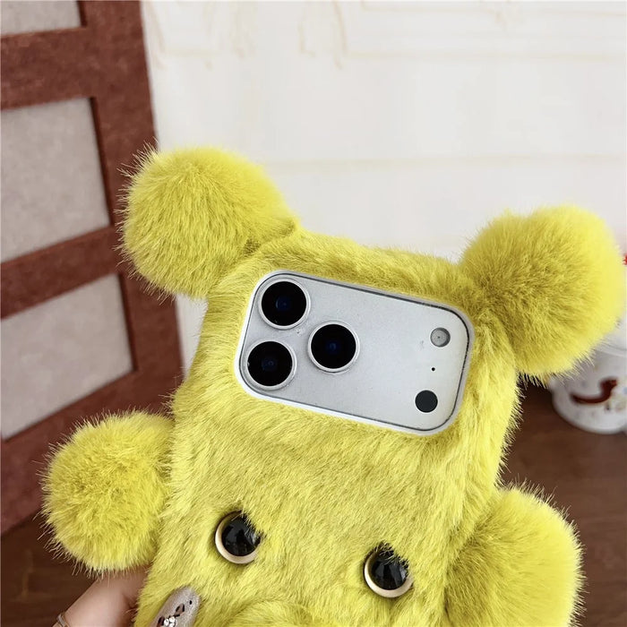 For iPhone 17 Pro Case 3D Bear Faux Fur Fluffy Inner TPU Phone Cover - Yellow - 5