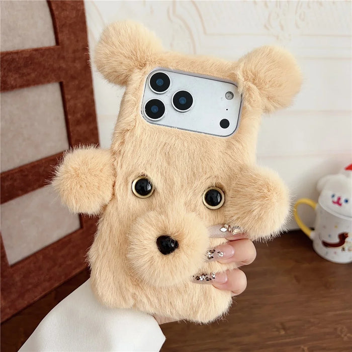 For iPhone 17 Pro Max Case 3D Bear Faux Fur Fluffy Inner TPU Phone Cover - Yellow - 2