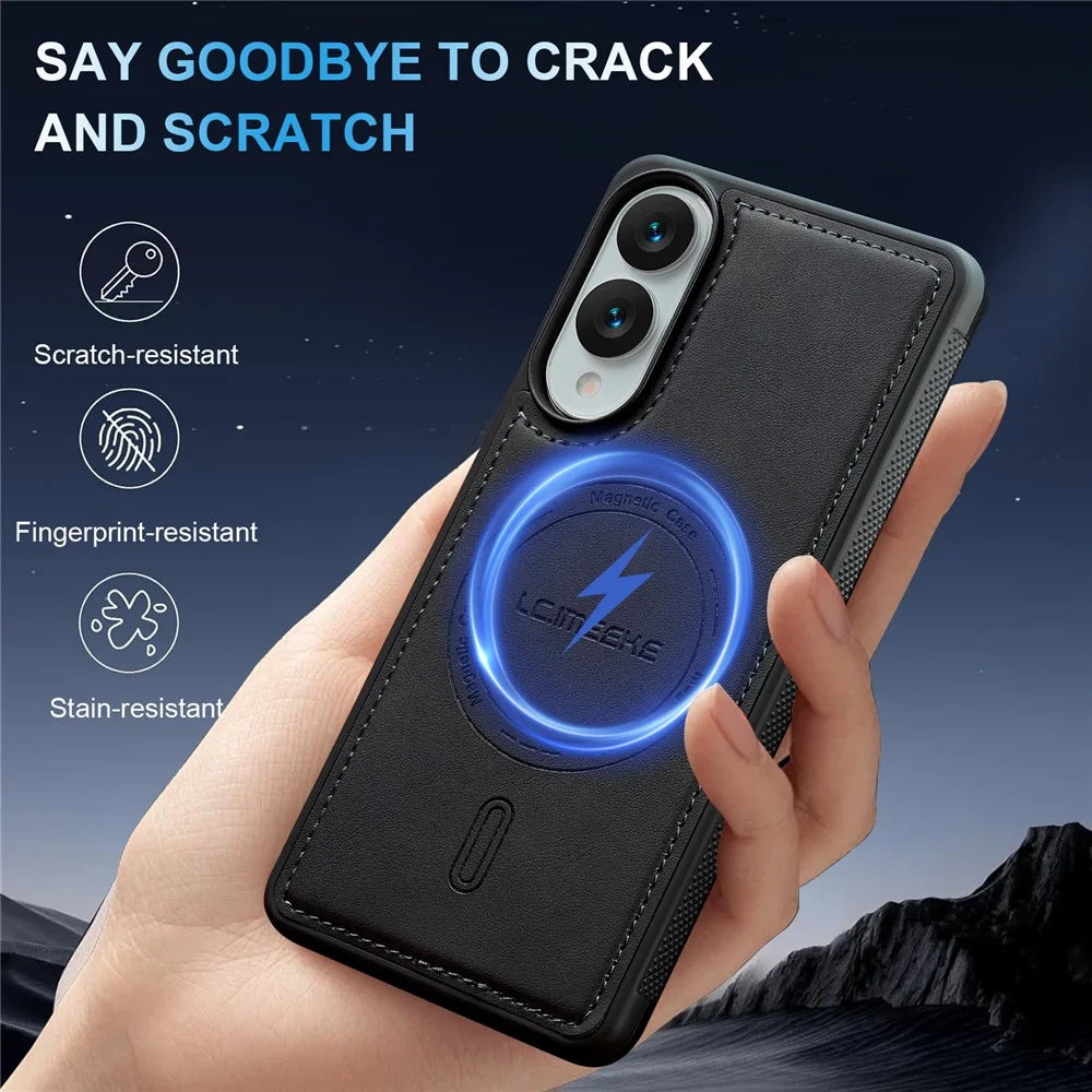 LC.IMEEKE L6 For Samsung Galaxy S25 Edge Case PU Leather Coated PC TPU Phone Cover Magnetic Case - Black - 6