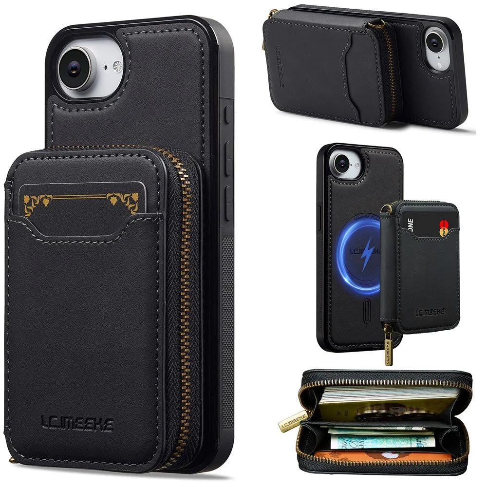 LC.IMEEKE L6 For iPhone 17e / 16e Magnetic Case Detachable Zipper Wallet Leather Coated PC + TPU Phone Cover - Black - 1