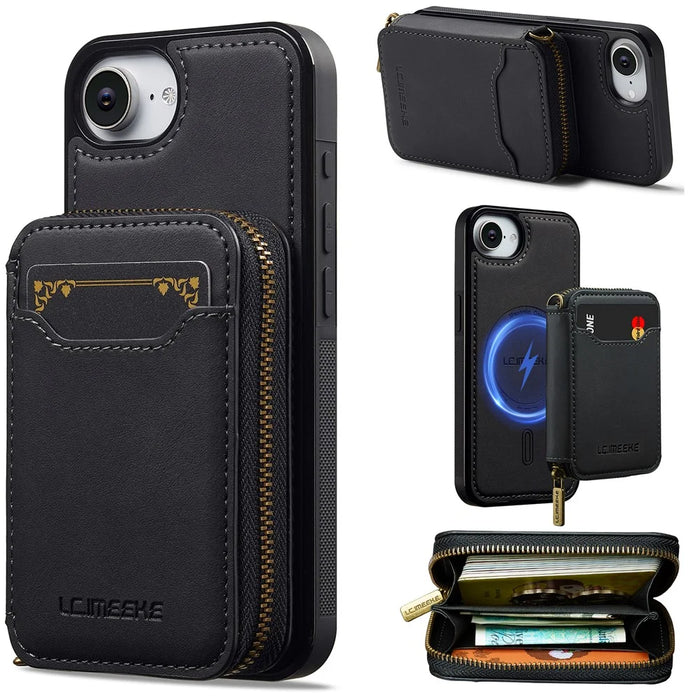 LC.IMEEKE L6 For iPhone 17e / 16e Magnetic Case Detachable Zipper Wallet Leather Coated PC + TPU Phone Cover - Black - 1