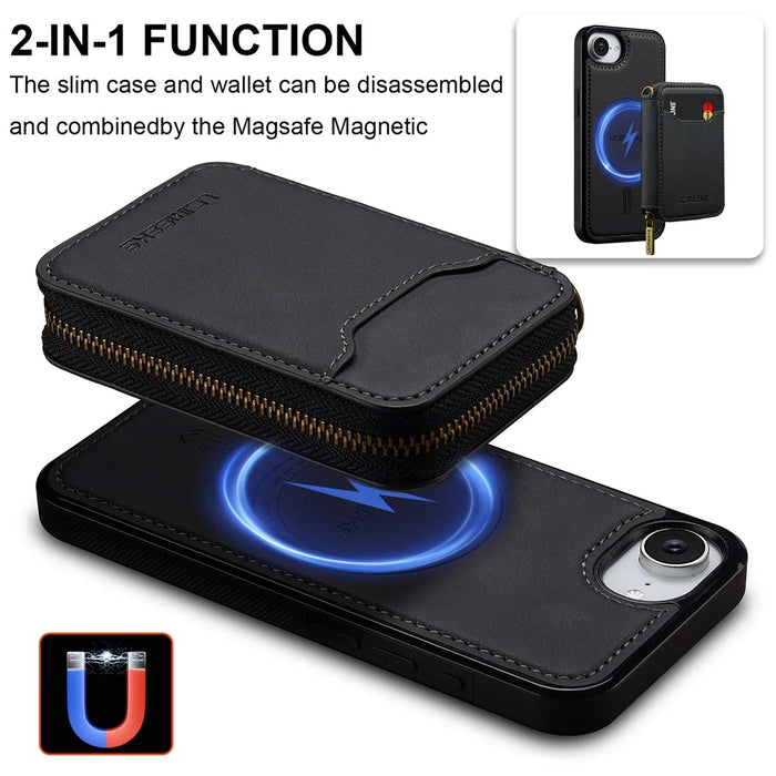 LC.IMEEKE L6 For iPhone 17e / 16e Magnetic Case Detachable Zipper Wallet Leather Coated PC + TPU Phone Cover - Black - 5