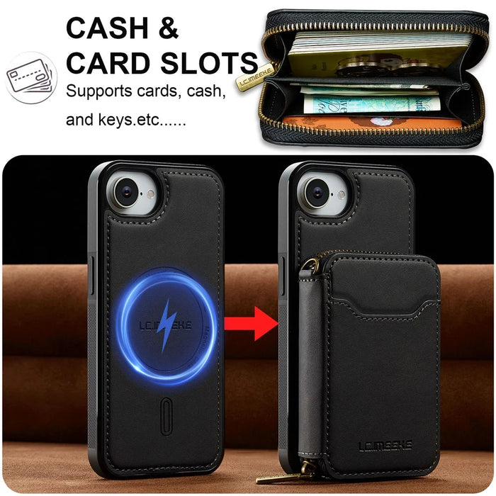 LC.IMEEKE L6 For iPhone 17e / 16e Magnetic Case Detachable Zipper Wallet Leather Coated PC + TPU Phone Cover - Black - 6