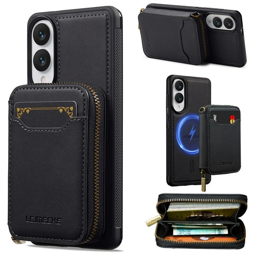 LC.IMEEKE L6 For Samsung Galaxy S25 Edge Magnetic Case Detachable Zipper Wallet Leather Coated PC + TPU Phone Cover - Black - 1