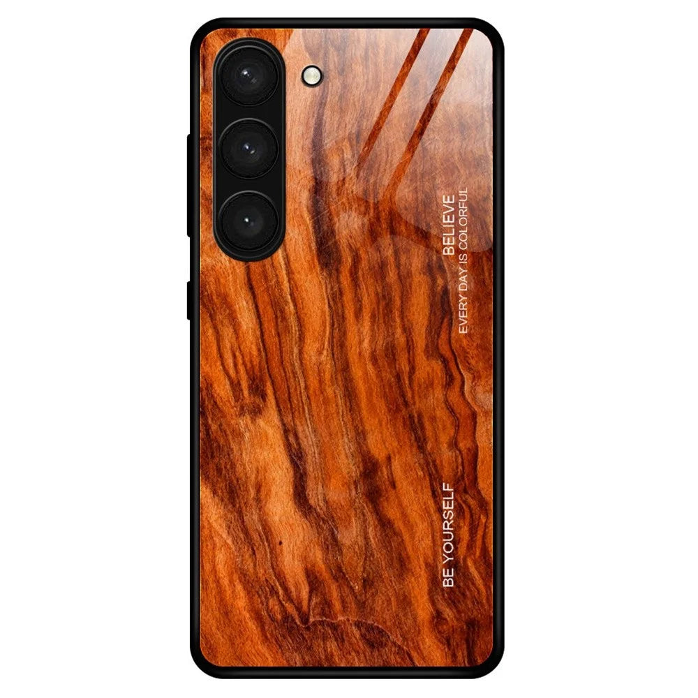 For Samsung Galaxy S23+ Wooden Pattern Tempered Glass Shell Phone Case TPU Frame Protective Cover - Orange - 1