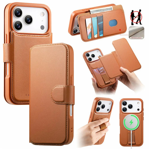 CASENEO For iPhone 18 Pro / 17 Pro Magnetic Case RFID Blocking Wallet Detachable Leather Phone Cover with Wristband - Brown - 1