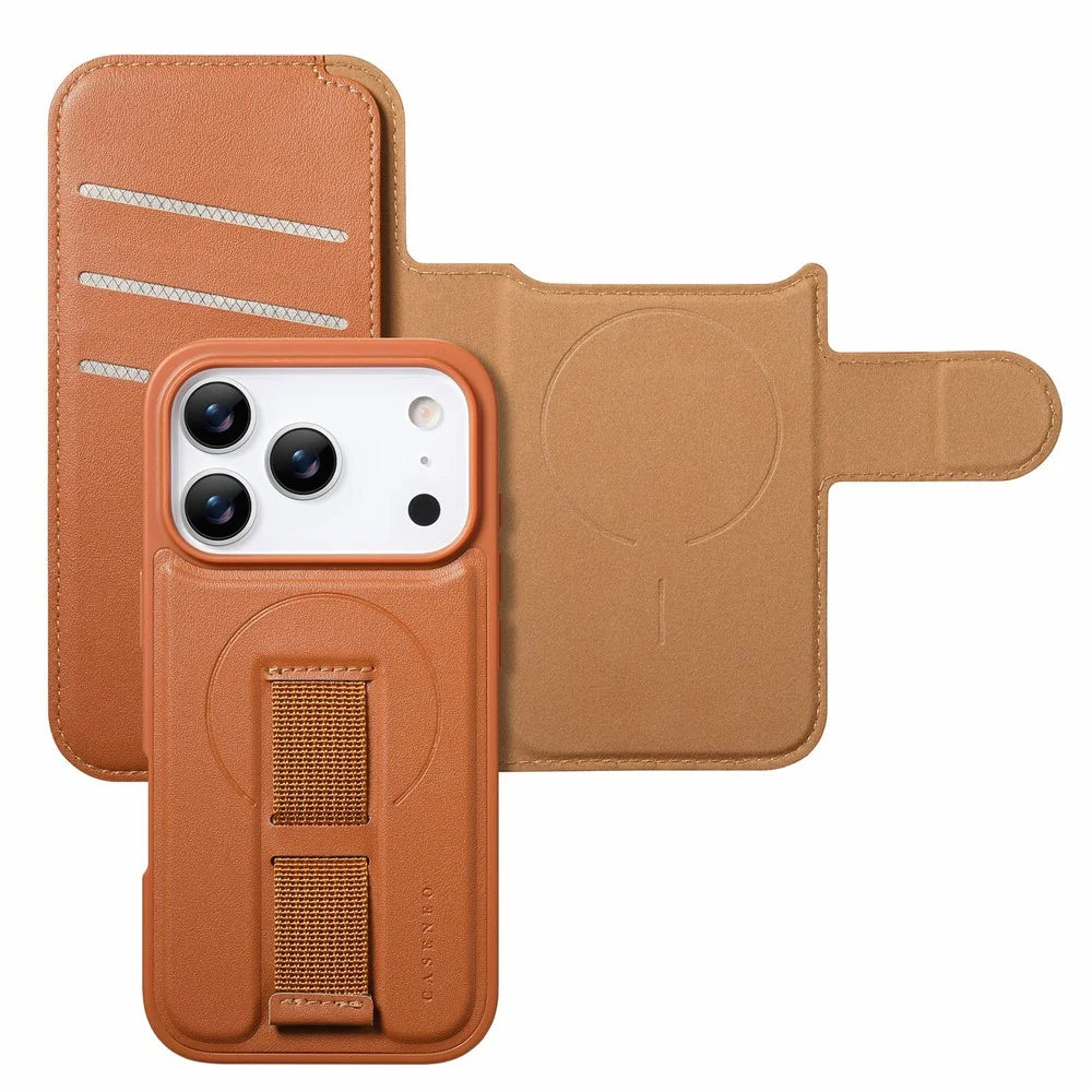 CASENEO For iPhone 18 Pro / 17 Pro Magnetic Case RFID Blocking Wallet Detachable Leather Phone Cover with Wristband - Brown - 3
