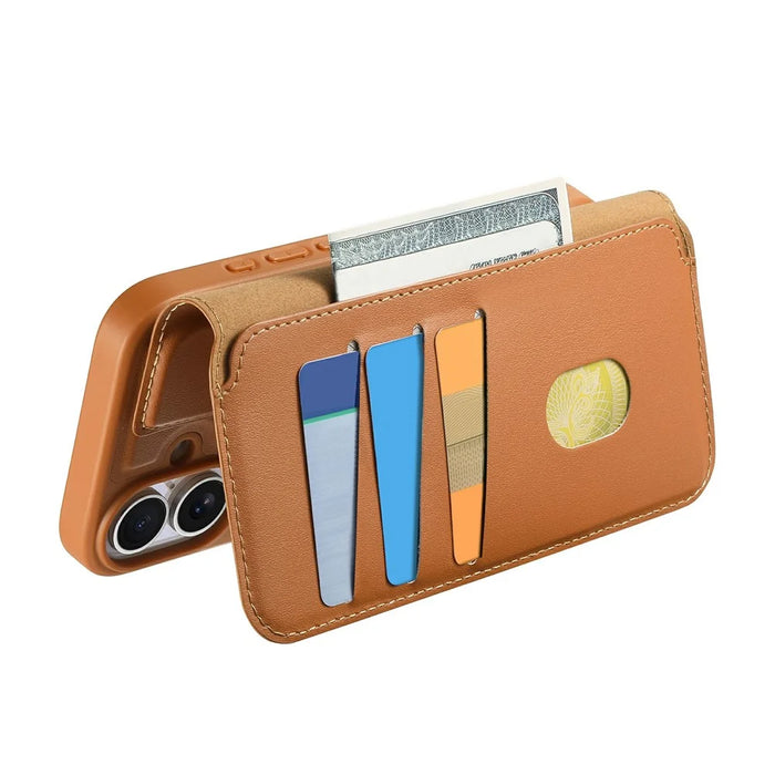 CASENEO For iPhone 17 Magnetic Case RFID Blocking Wallet Detachable Leather Phone Cover with Wristband - Brown - 7