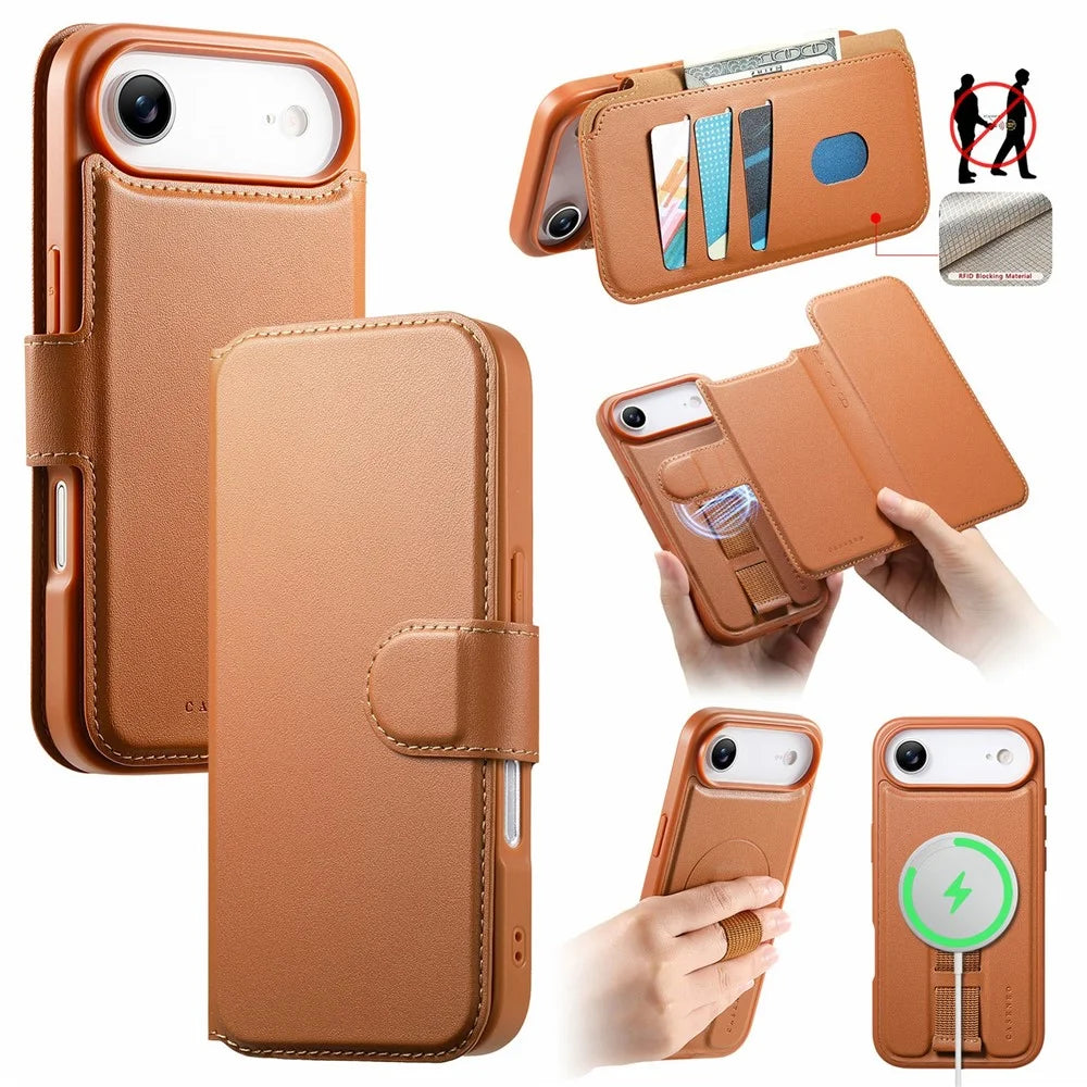 CASENEO For iPhone Air Magnetic Case RFID Blocking Wallet Detachable Leather Phone Cover with Wristband - Brown - 1