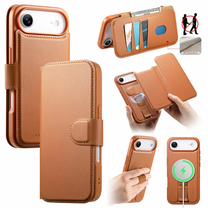 CASENEO For iPhone Air Magnetic Case RFID Blocking Wallet Detachable Leather Phone Cover with Wristband - Brown - 1