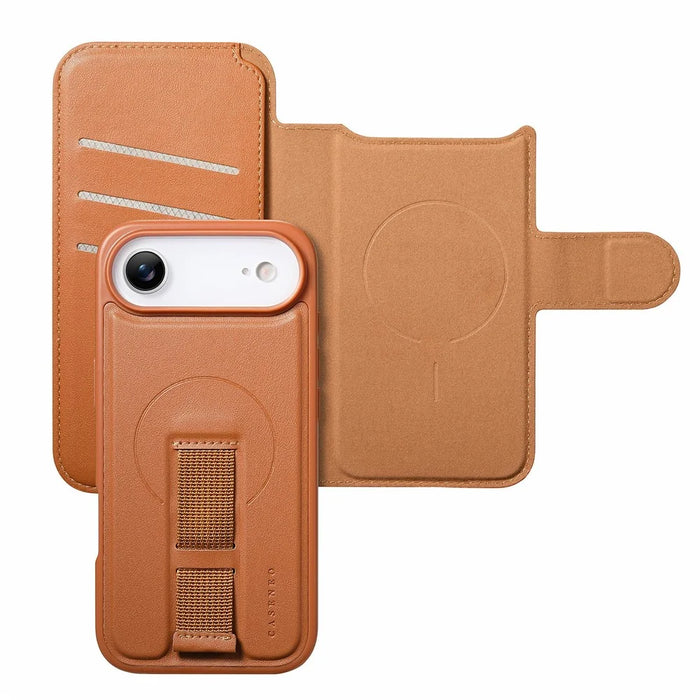 CASENEO For iPhone Air Magnetic Case RFID Blocking Wallet Detachable Leather Phone Cover with Wristband - Brown - 3