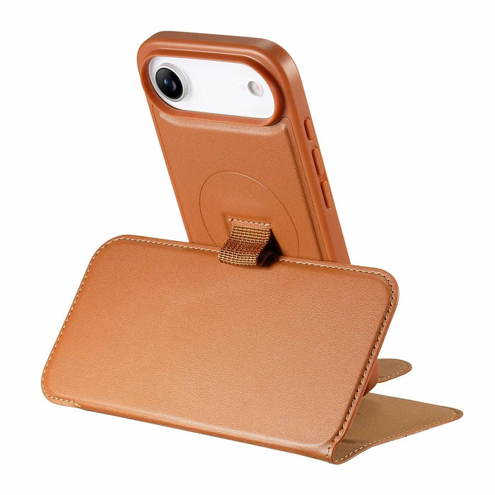 CASENEO For iPhone Air Magnetic Case RFID Blocking Wallet Detachable Leather Phone Cover with Wristband - Brown - 5