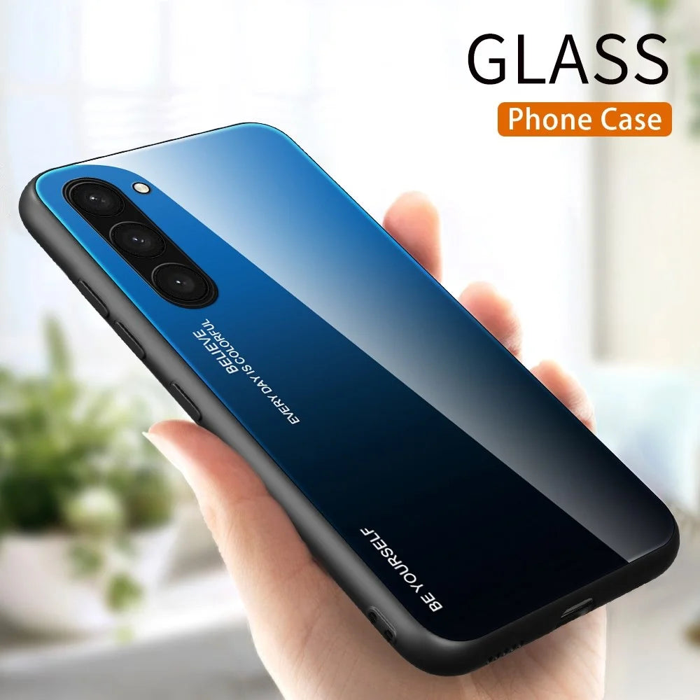 Gradient Color Phone Case for Samsung Galaxy S23 Tempered Glass Shockproof Case Hard PC Soft TPU Fame Anti-Fall Cover - Blue  /  Black - 2