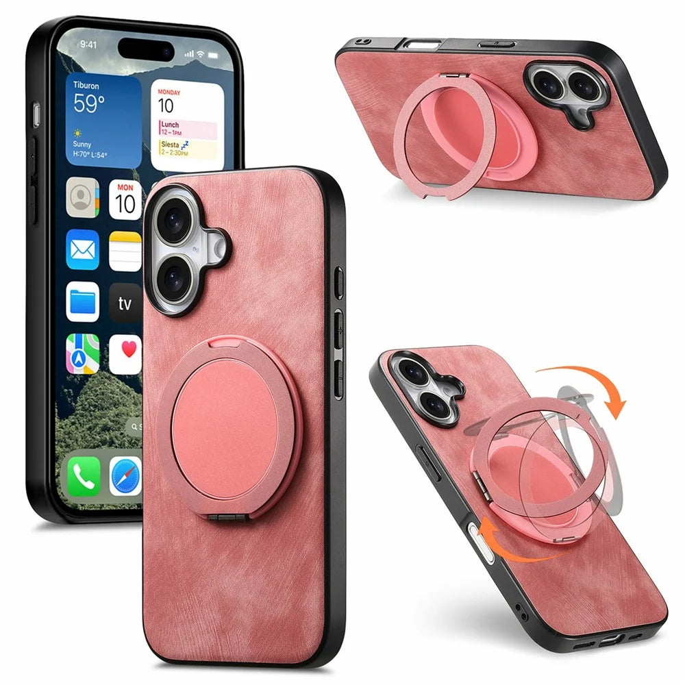 For iPhone 17 Phone Case with Rotating Kickstand Stress Relief Retro Leather Back Cover - Pink - 1
