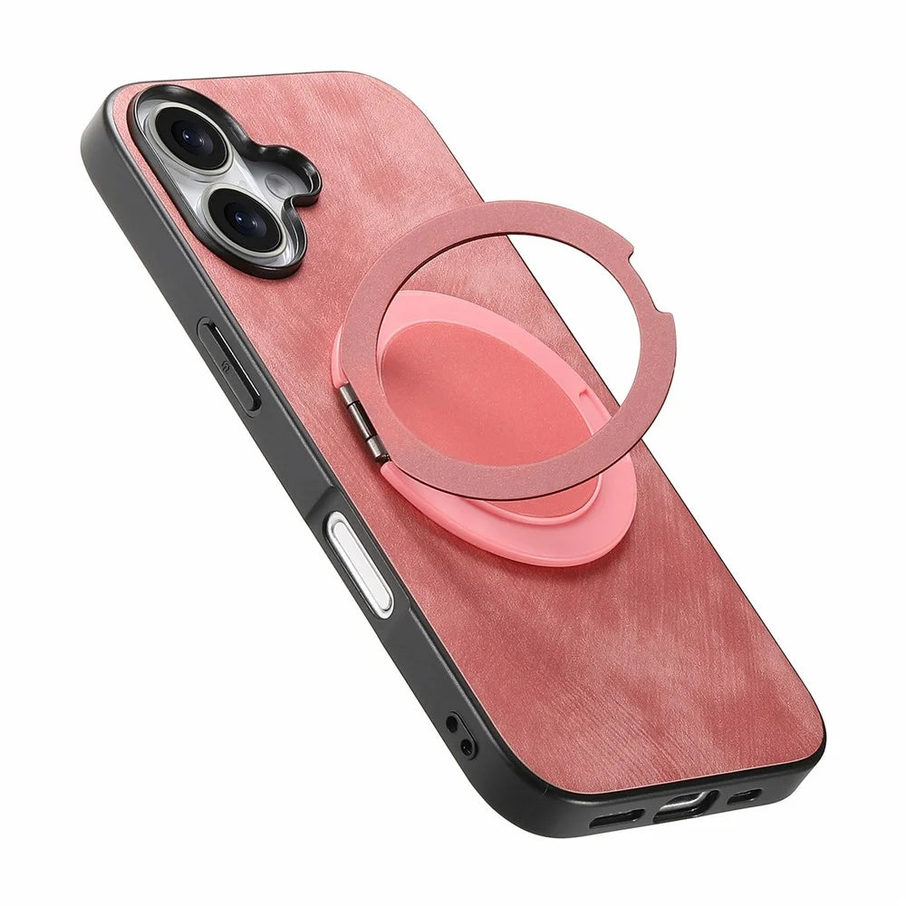 For iPhone 17 Phone Case with Rotating Kickstand Stress Relief Retro Leather Back Cover - Pink - 4