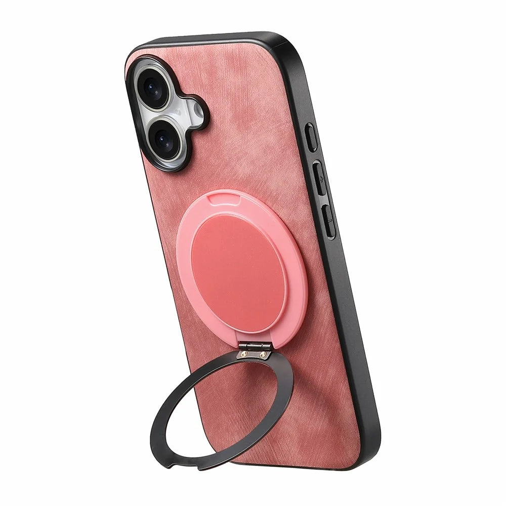 For iPhone 17 Phone Case with Rotating Kickstand Stress Relief Retro Leather Back Cover - Pink - 5