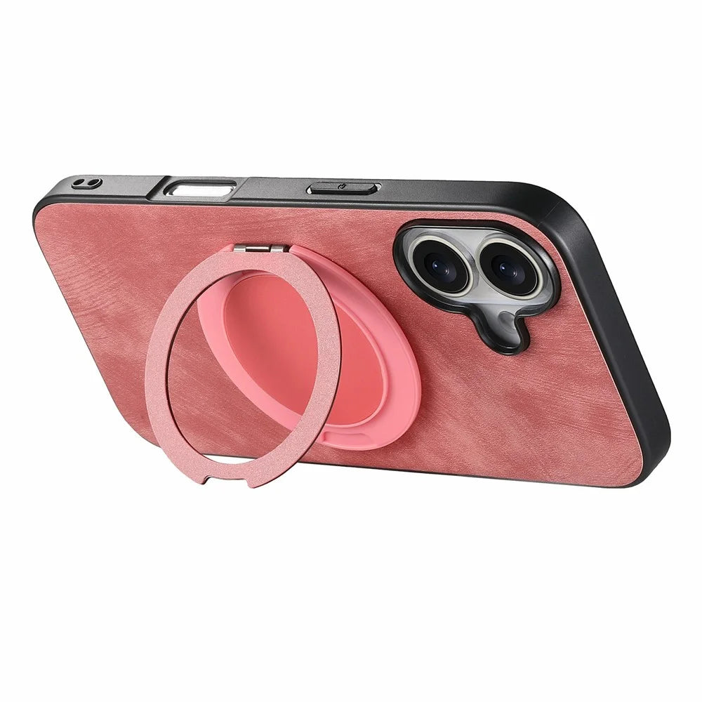 For iPhone 17 Phone Case with Rotating Kickstand Stress Relief Retro Leather Back Cover - Pink - 6