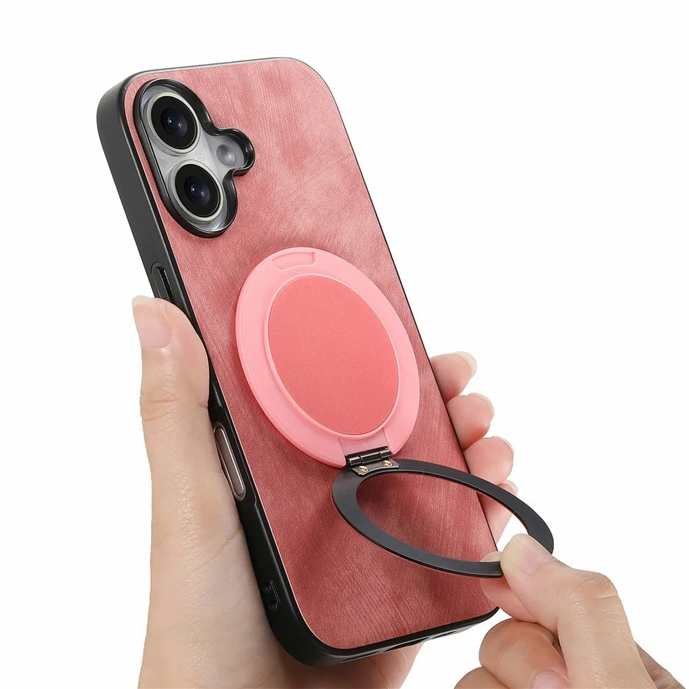 For iPhone 17 Phone Case with Rotating Kickstand Stress Relief Retro Leather Back Cover - Pink - 7