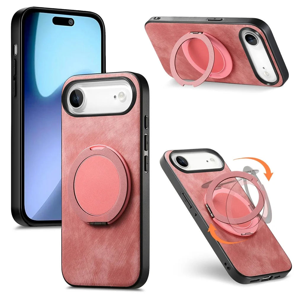 For iPhone Air Phone Case with Rotating Kickstand Stress Relief Retro Leather Back Cover - Pink - 1