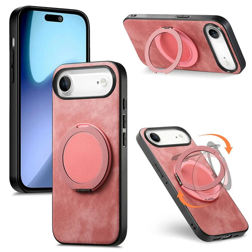 For iPhone Air Phone Case with Rotating Kickstand Stress Relief Retro Leather Back Cover - Pink - 1