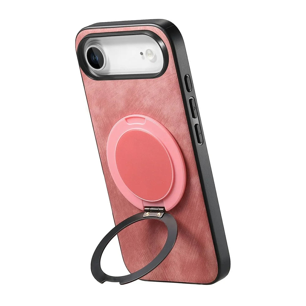 For iPhone Air Phone Case with Rotating Kickstand Stress Relief Retro Leather Back Cover - Pink - 4