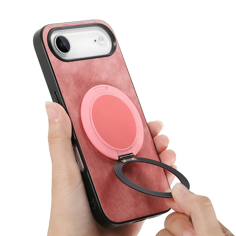 For iPhone Air Phone Case with Rotating Kickstand Stress Relief Retro Leather Back Cover - Pink - 6