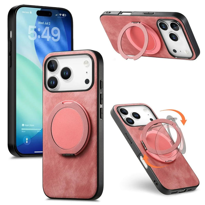 For iPhone 17 Pro Phone Case with Rotating Kickstand Stress Relief Retro Leather Back Cover - Pink - 1