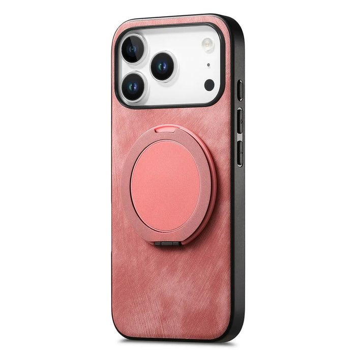 For iPhone 17 Pro Phone Case with Rotating Kickstand Stress Relief Retro Leather Back Cover - Pink - 3