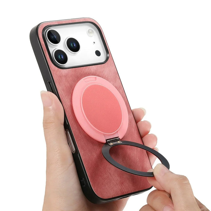 For iPhone 17 Pro Phone Case with Rotating Kickstand Stress Relief Retro Leather Back Cover - Pink - 7