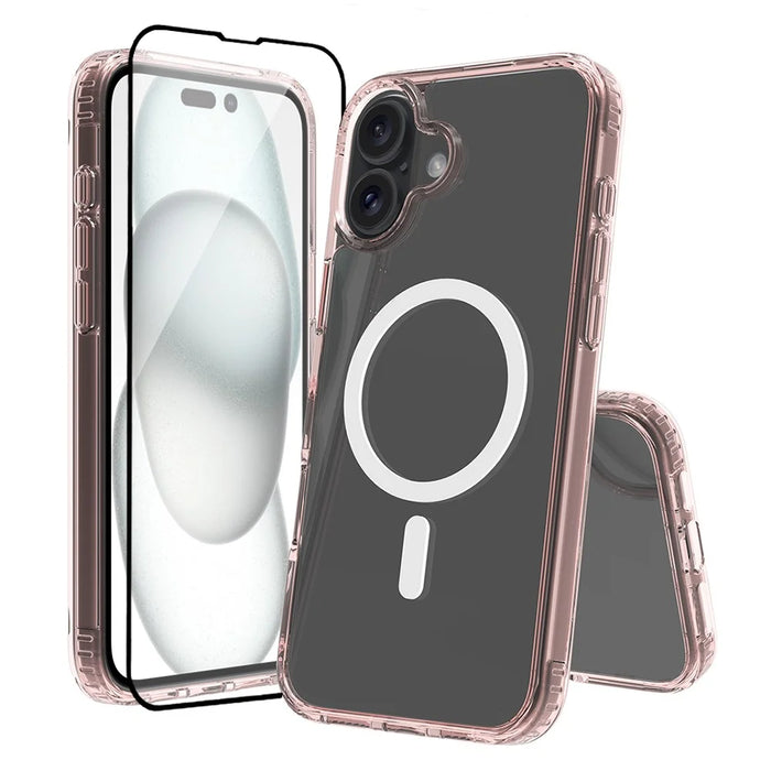 For iPhone 16 Plus Case Compatible with MagSafe PC + TPU Clear Phone Cover with Tempered Glass Screen Protector - Pink - 1
