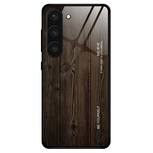 For Samsung Galaxy S23 Tempered Glass Shell Phone Case Wooden Pattern TPU Frame Protective Cover - Black - 1