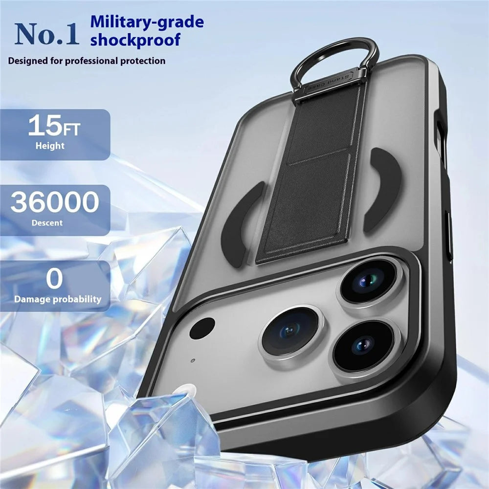 For iPhone 17 Pro Magnetic Case Metal D-Ring Kickstand PC + TPU Phone Cover with Tempered Glass Screen Film - Black - 2