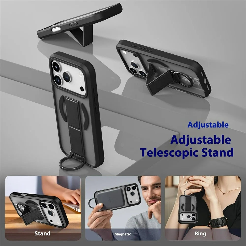For iPhone 17 Pro Magnetic Case Metal D-Ring Kickstand PC + TPU Phone Cover with Tempered Glass Screen Film - Black - 4