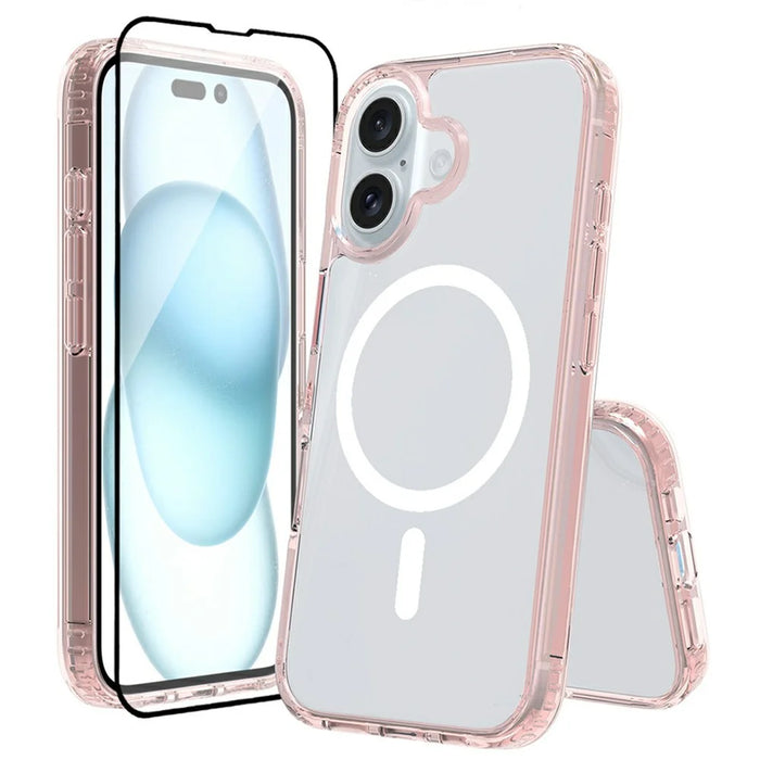 For iPhone 16 Case Compatible with MagSafe PC + TPU Clear Phone Cover with Tempered Glass Screen Protector - Pink - 1