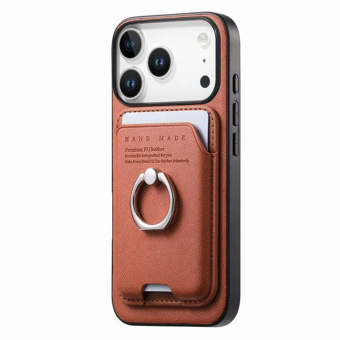 For iPhone 17 Pro Max Case Cloth Texture Leather + PC + TPU Phone Cover with Detachable Magnetic Ring Kickstand Card Holder - Brown - 2