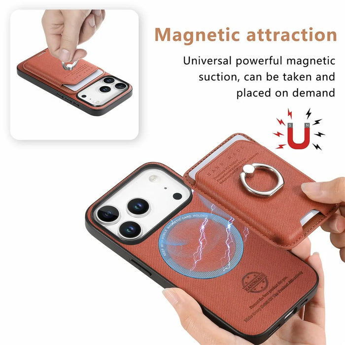 For iPhone 17 Pro Max Case Cloth Texture Leather + PC + TPU Phone Cover with Detachable Magnetic Ring Kickstand Card Holder - Brown - 6